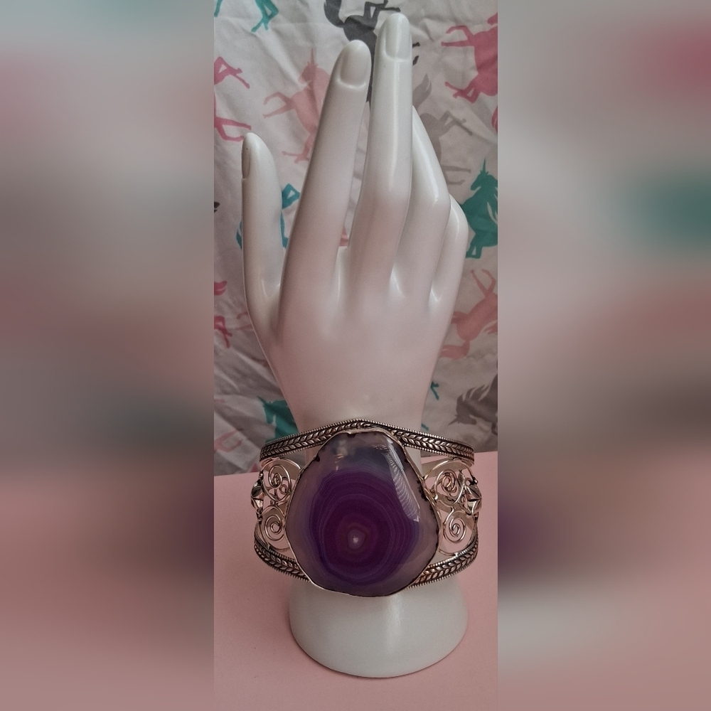 EUC HUGE Purple Solar Quartz & 925 Sterling Floral Filigree Boho Cuff Bracelet - Picture 1 of 8